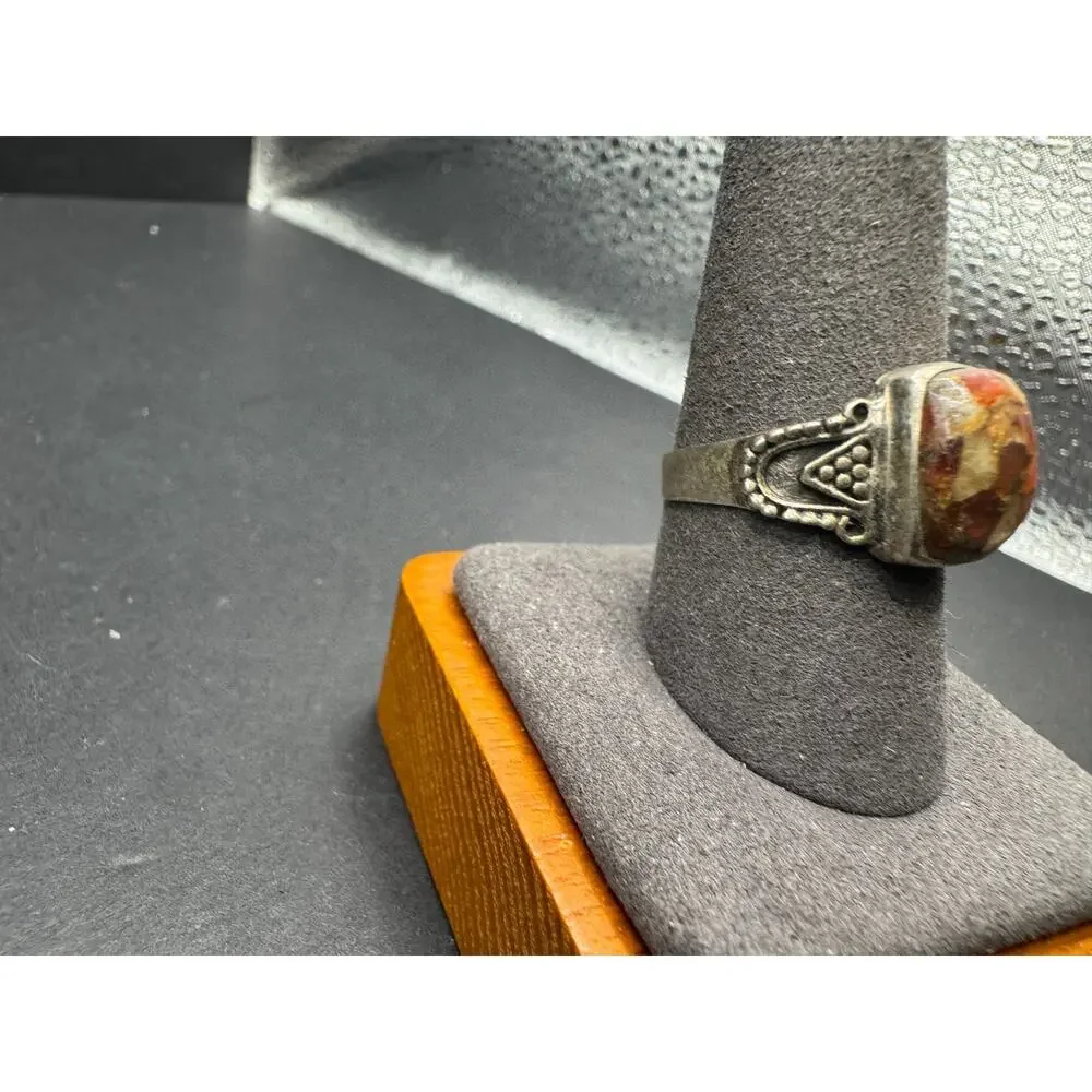 Vintage Sterling Silver 925 Statement Ring Fire Opal Textured Band Size 10